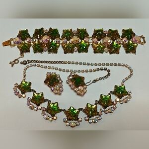 RARE Signed Pierre Green Lucite & Crystals Bracelet & Earrings Set